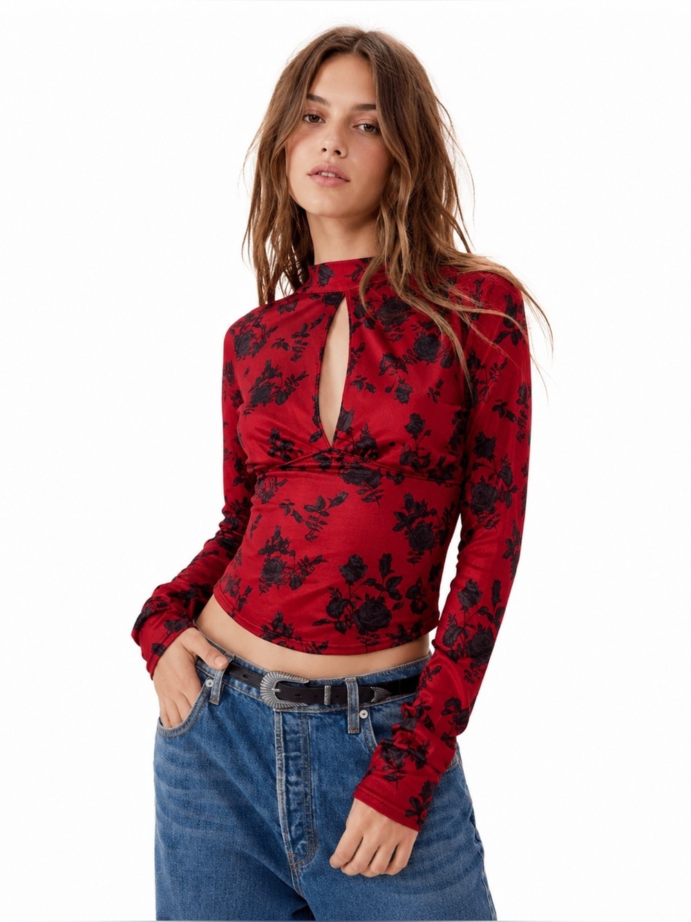 Free People Floral Whimsigoth Keyhole Long Sleeve Fitted Crop Top M Red Black